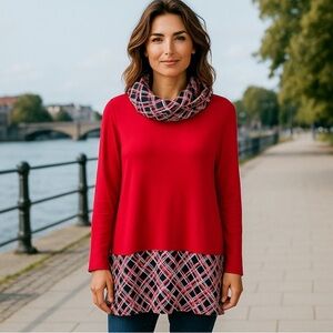 Rebecca Malone mercury red‎ knit tunic sweater/matching scarf..